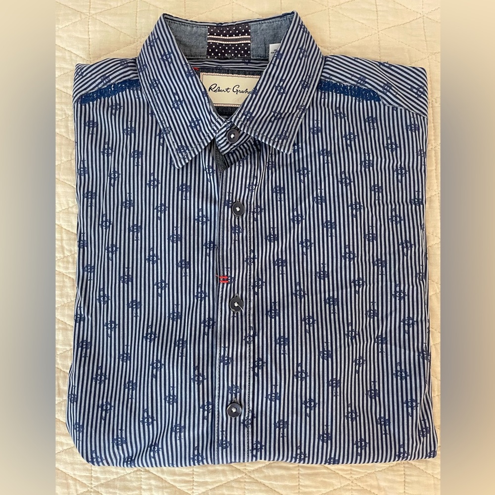 Robert Graham Woven Spaced Floral & Stripe Sport Shirt in Blue Size M